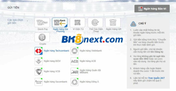Các ngân hàng hỗ trợ rút tiền tại BK8