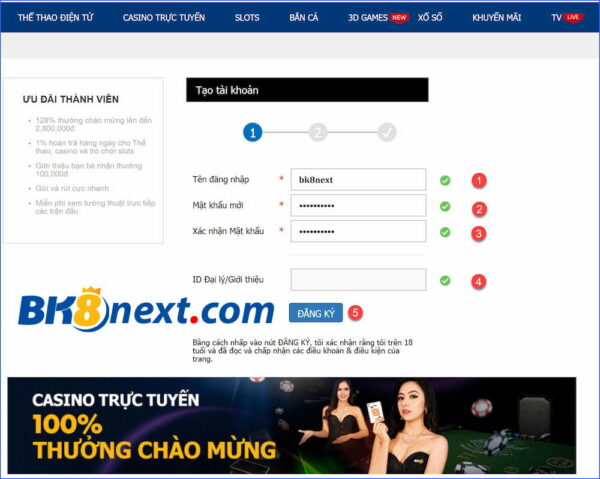 Điền thông tin đăng ký tài khoản chơi cá độ bóng đá BK8