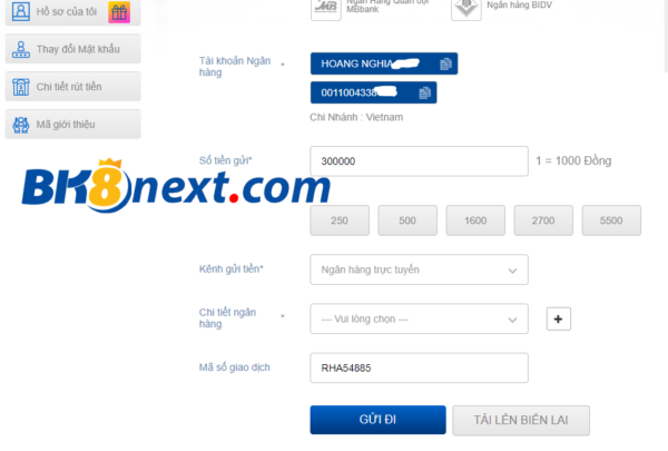 Điền thông tin gửi tiền BK8 theo mẫu