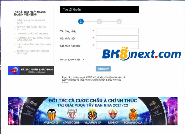 Tạo tài khoản chính thức tại BK8